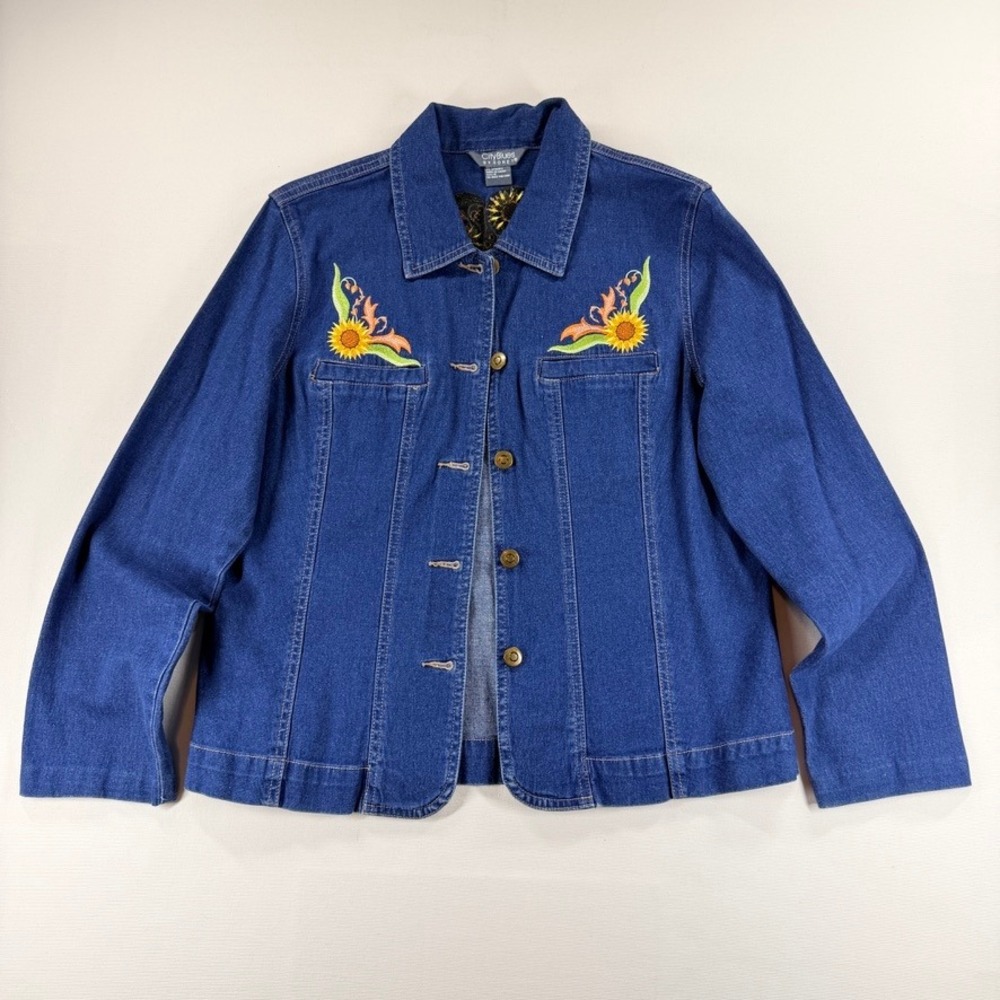 Vintage 90s City Blues by Koret Sunflower Embroidered Denim Jacket M